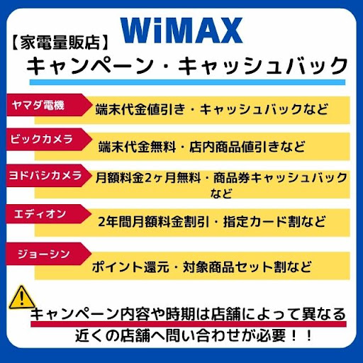家電量販店 WiMAXキャンペーン・キャッシュバック